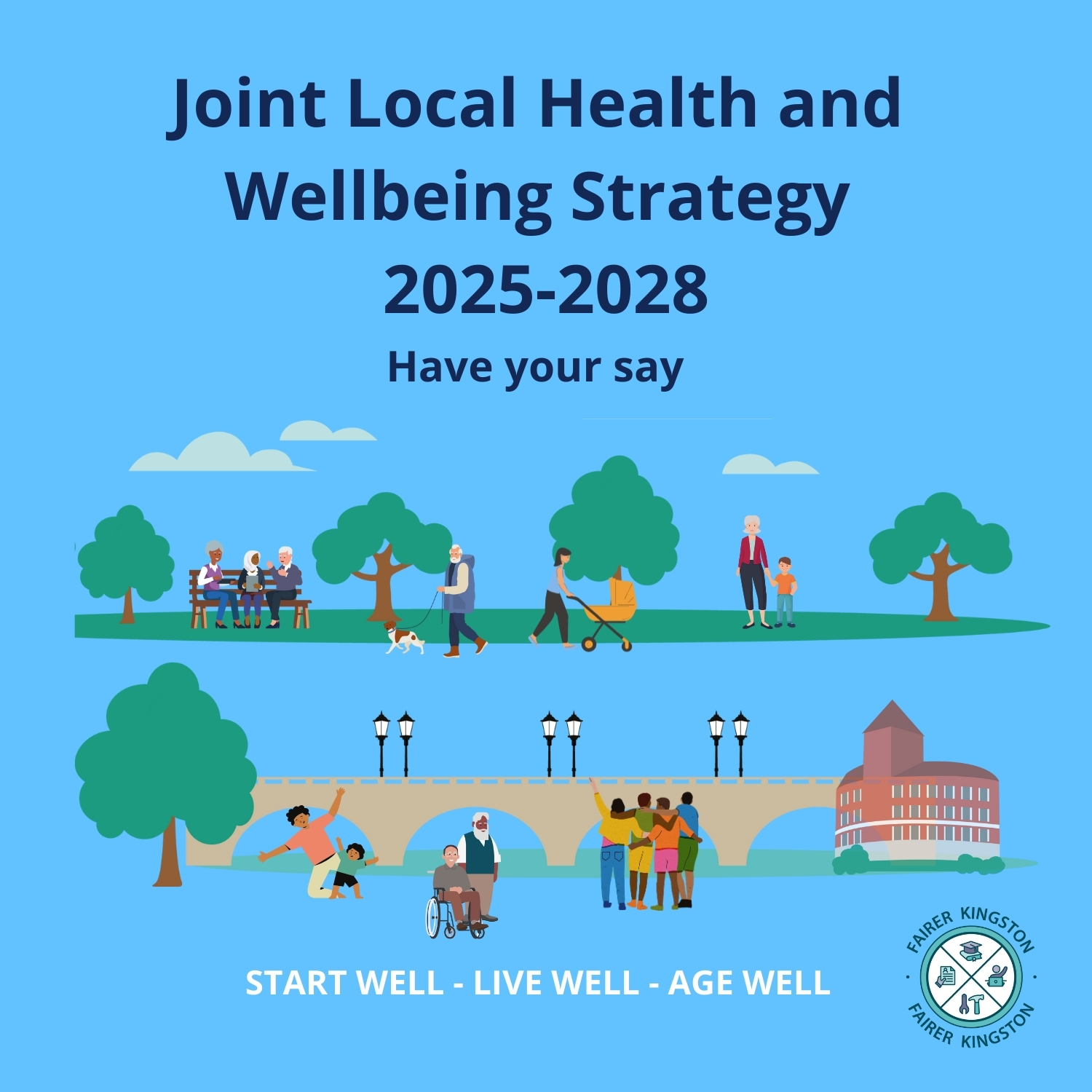 Illustrations of people walking in public places with text that reads 'Joint Local Health and Wellbeing Strategy 2025-2028: have your say. Start well - live well - age well'