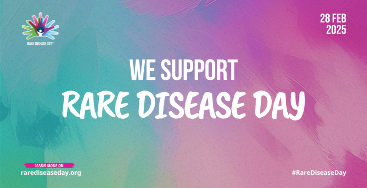 A purple and pink graphic with text that reads 'we support rare disease day 28th Feb 2025. learn more on rarediseaseday.org'