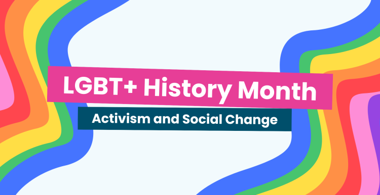 A title card showing the LGBTQ+ pride colours and text that reads 'LGBT+ history month: activism and social change'