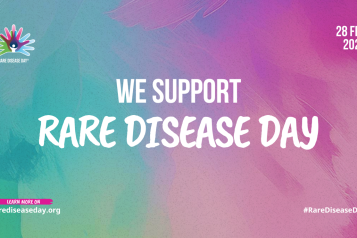 A purple and pink graphic with text that reads 'we support rare disease day 28th Feb 2025. learn more on rarediseaseday.org'